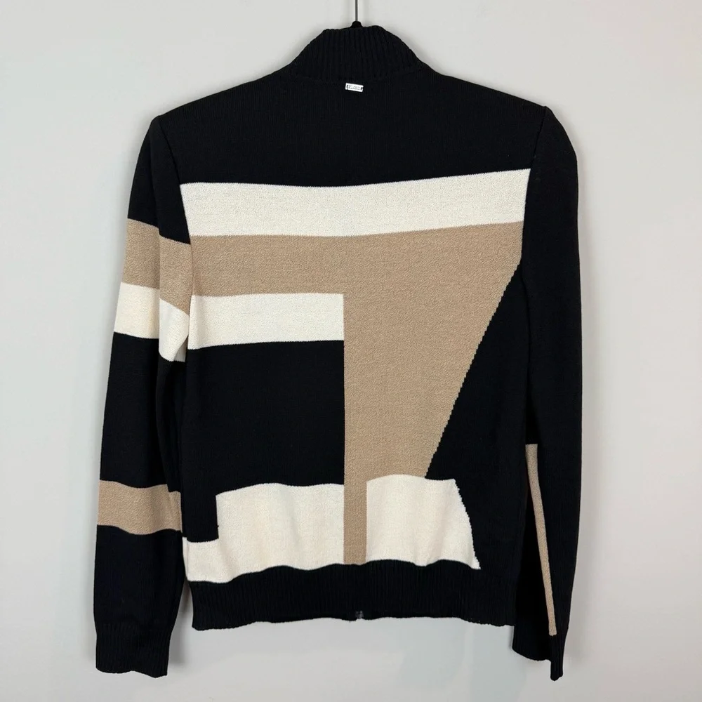 St. John Wool Blend Color Block Tan White Black Zip Up Mockneck Cardigan Sz S